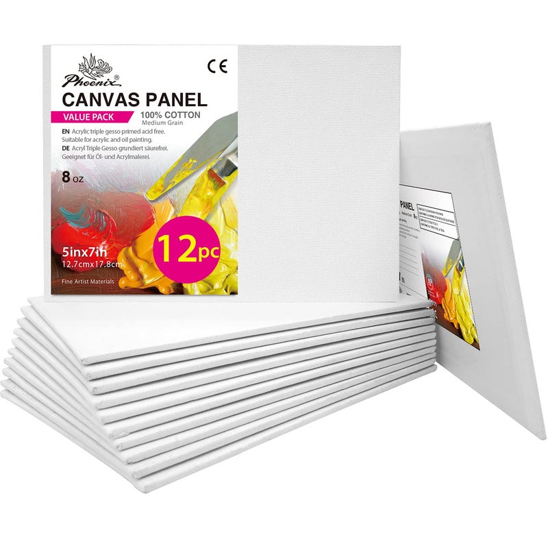 PHOENIX Small Painting Canvas Panels 5x7 Inch, 12 Value Pack - 8 Oz Triple Primed 100% Cotton Acid Free Canvas Boards for Painting, White Blank Flat Canvas Boards for Acrylic, Oil Paints - Image 1